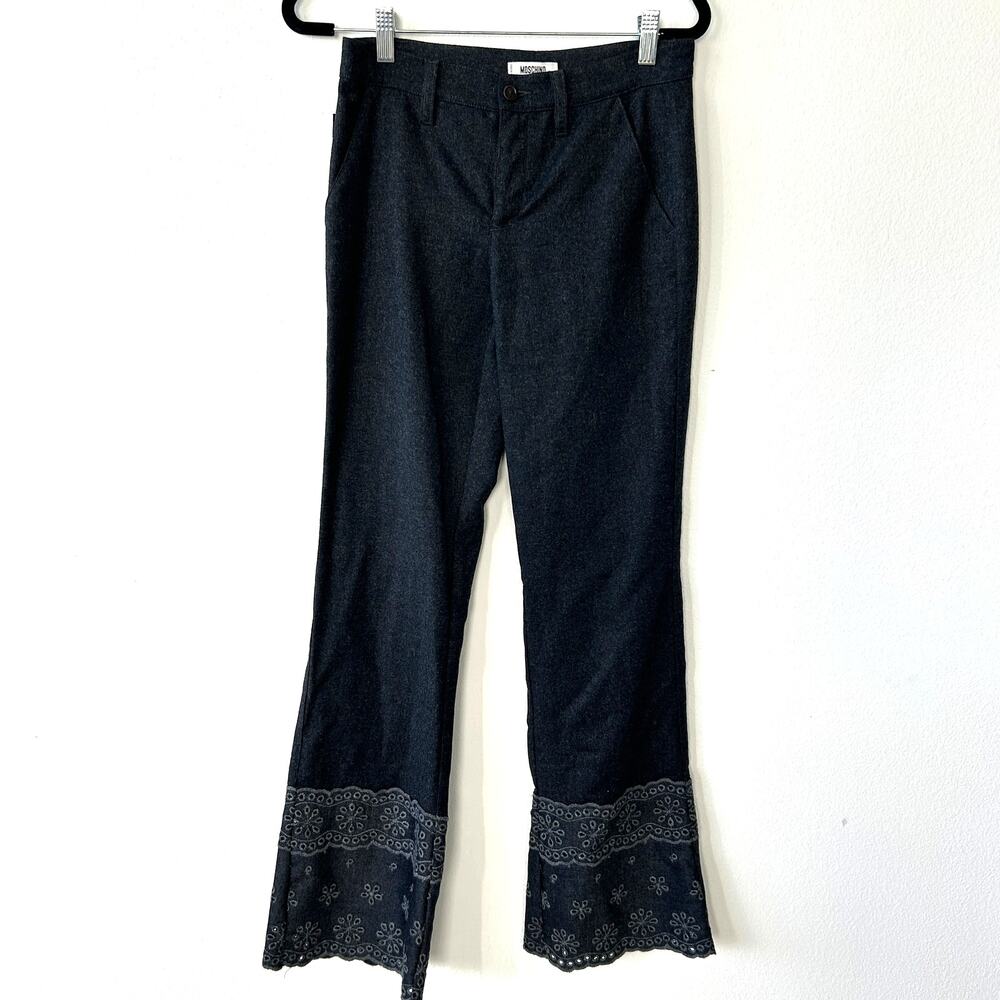 Moschino Black Boot Cut Pants with Embroidered Hem